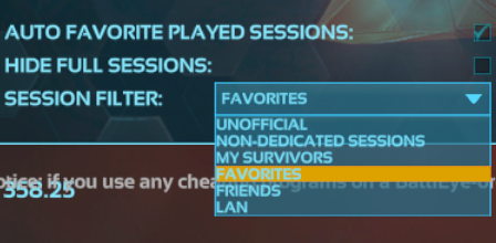 The ARK server list &quot;Session Filter&quot; drop down with the &quot;Favorites&quot; option selected.