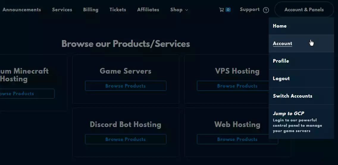 The Account &amp; Panels button located on the right side of the navigation bar with the &quot;Account&quot; option selected from the dropdown