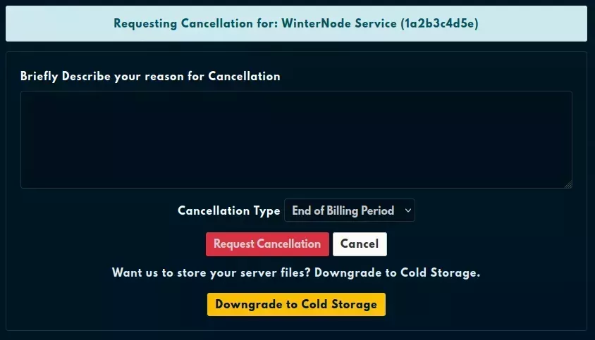 The service cancellation confirmation page