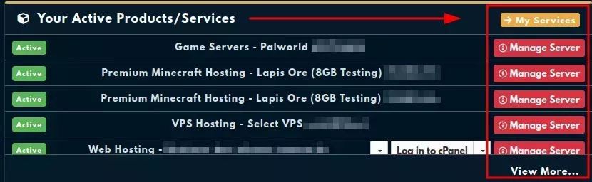 The &quot;Your Active Products/Services&quot; pane with a &quot;Manage Server&quot; button on the right side of each entry.
