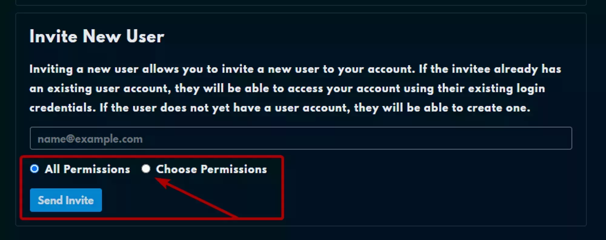 Arrow pointing to the &quot;Choose Permissions&quot; radio button while the default &quot;All Permissions&quot; radio button is still selected.