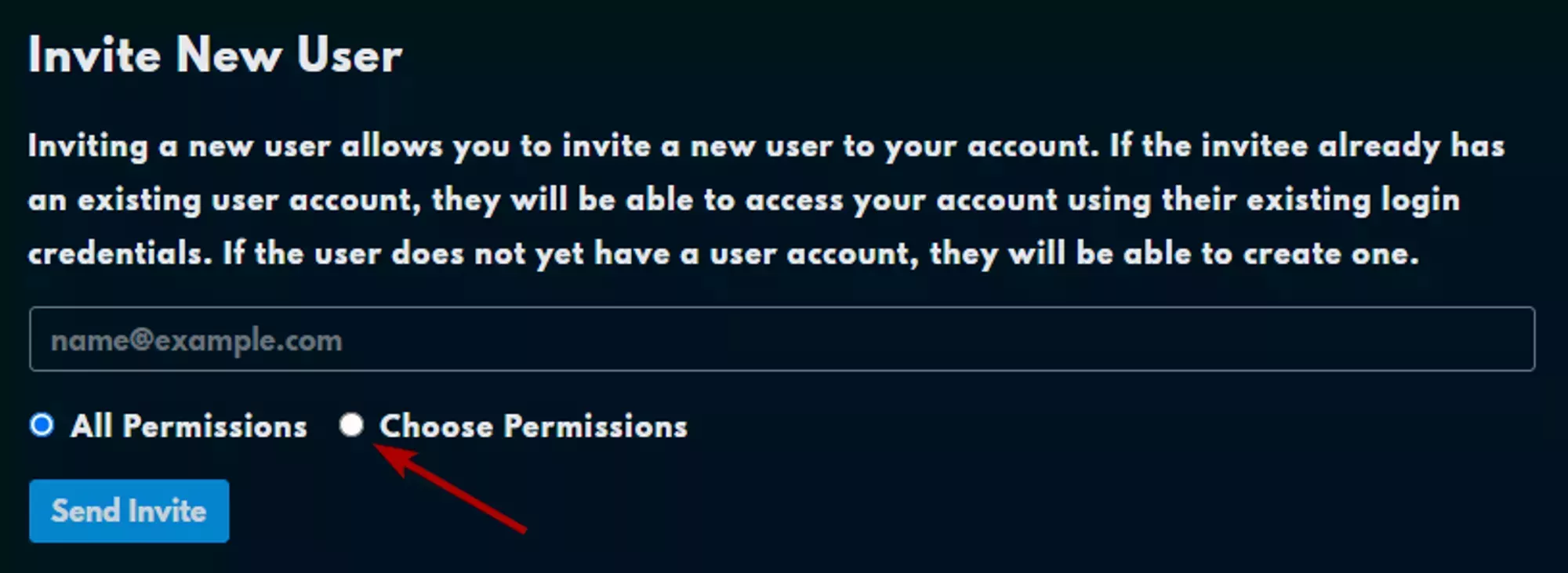 The invite new user modal with the &quot;Choose Permissions&quot; radio button noted