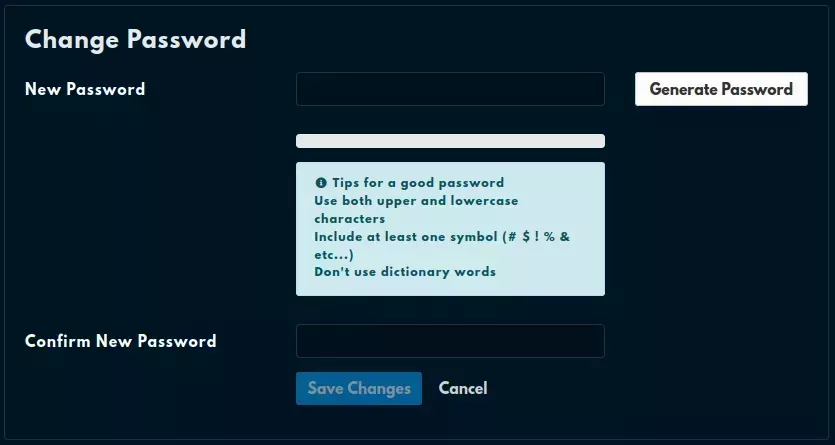 The &quot;Change Password&quot; page with two empty fields, a &quot;Generate Password&quot; field, a complexity bar, and a &quot;Tips for a good password&quot; callout.