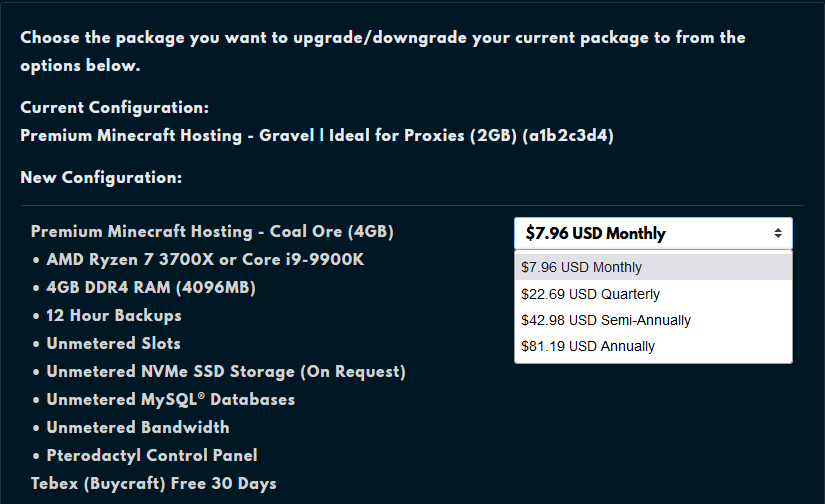 The Upgrade/Downgrade page on the Client Area