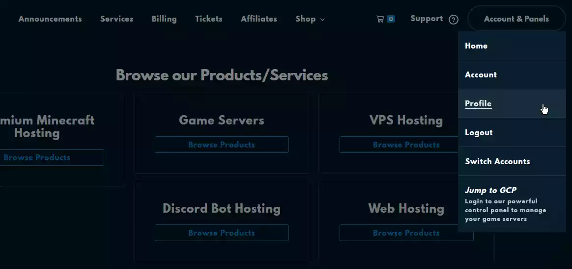 The Profile button under the &quot;Accounts &amp; Panels&quot; button