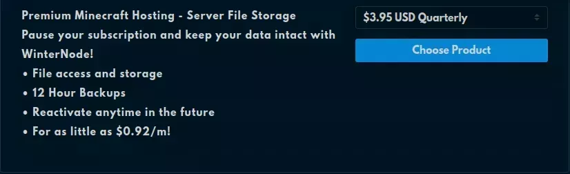 An entry for the &quot;Server File Storage&quot; plan in the Upgrade/Downgrade page of the WinterNode Client Area.