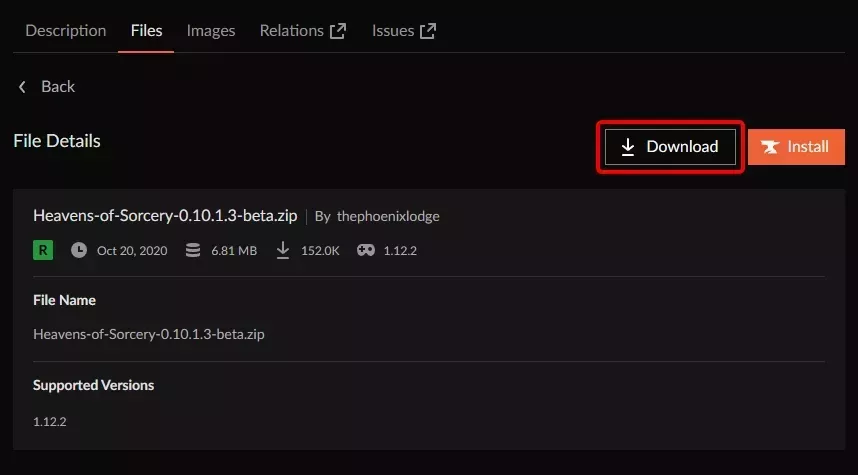 The download button on a CurseForge File entry for the Heavens of Sorcery Modpack