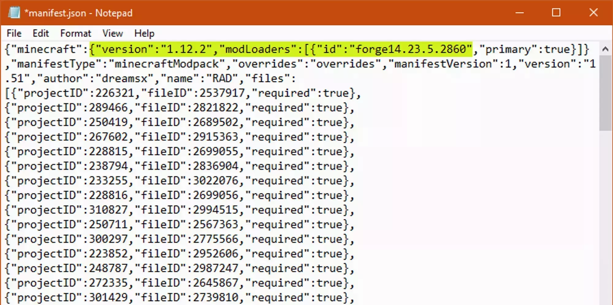 The manifest.json file of a CurseForge modpack showing the entry for the modloader