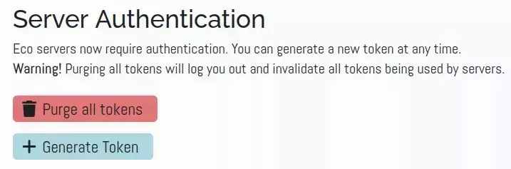 The Eco Website &quot;Server Authentication&quot; pane with &quot;Purge all Tokens&quot; and &quot;Generate Token&quot; buttons.