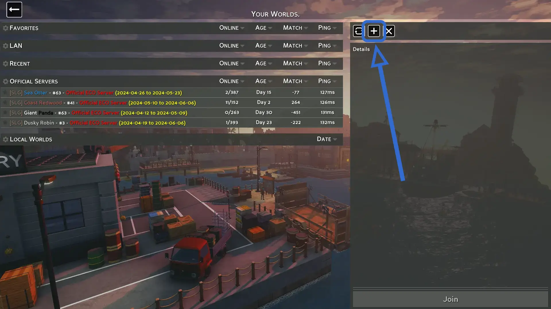 The Eco &quot;Your Worlds&quot; screen with the server lists on the right and a &quot;Details&quot; pane on the left. Above the &quot;Details&quot; pane is a section containing 3 buttons, the middle of which is an &quot;Add Server Button&quot; bearing a &quot;+&quot;.