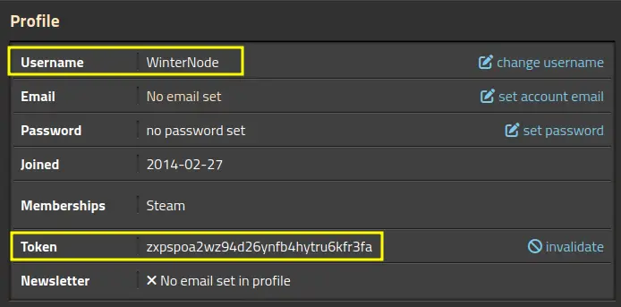 The Factorio account page, showing the &quot;Profile&quot; header with the &quot;Username&quot; and &quot;Token&quot; fields highlighted.