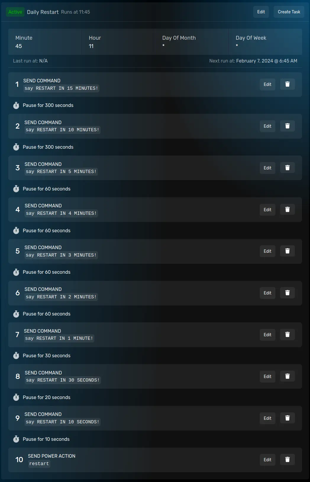 A daily restart at 12am UTC with the first restart announcement 15 minutes before the restart and the announcements becoming increasingly frequent