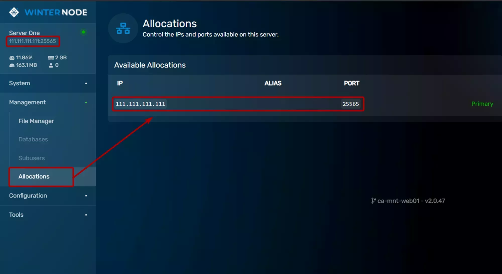 The allocations tab, located under the management tab in the navigation bar