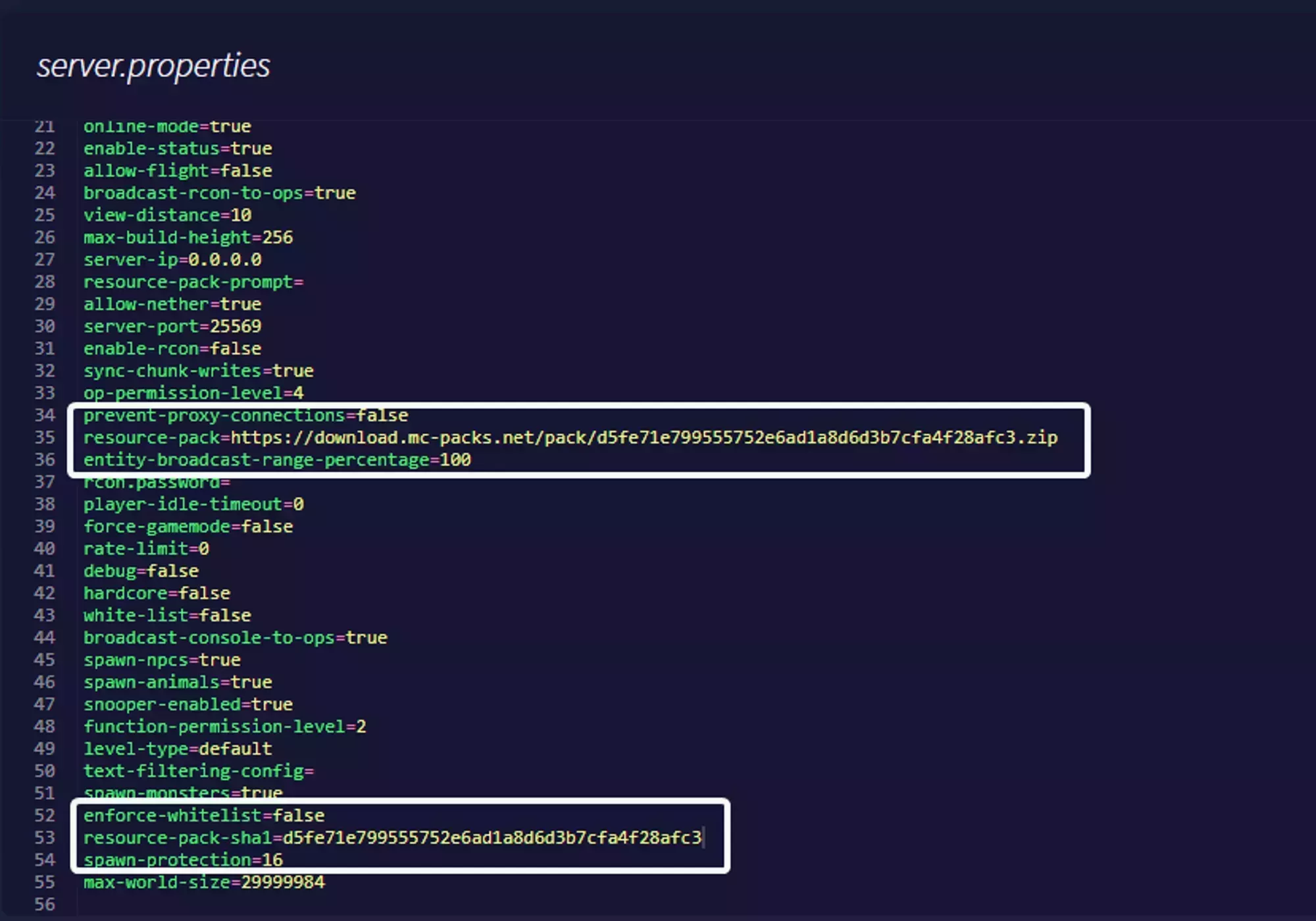 The resource-pack and resource-pack-sha1 lines in the server.properties file
