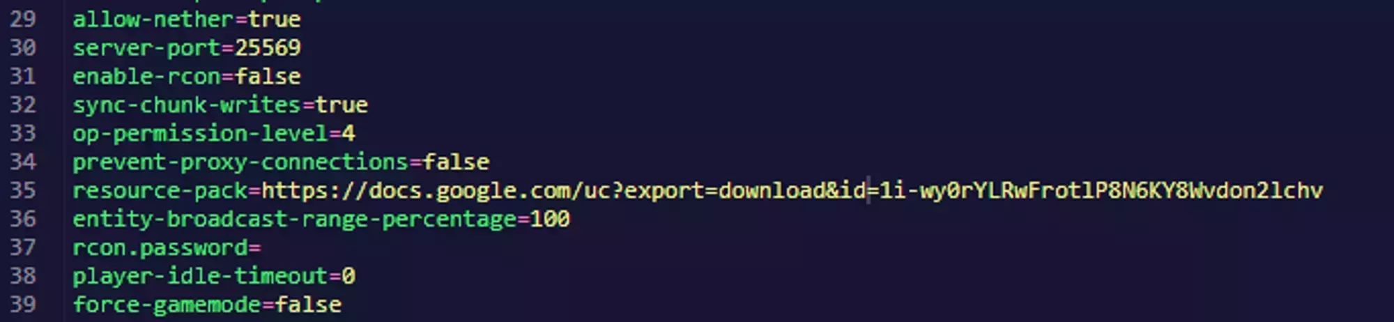 The resource-pack property in the server.properties file filled in with a Google Drive link