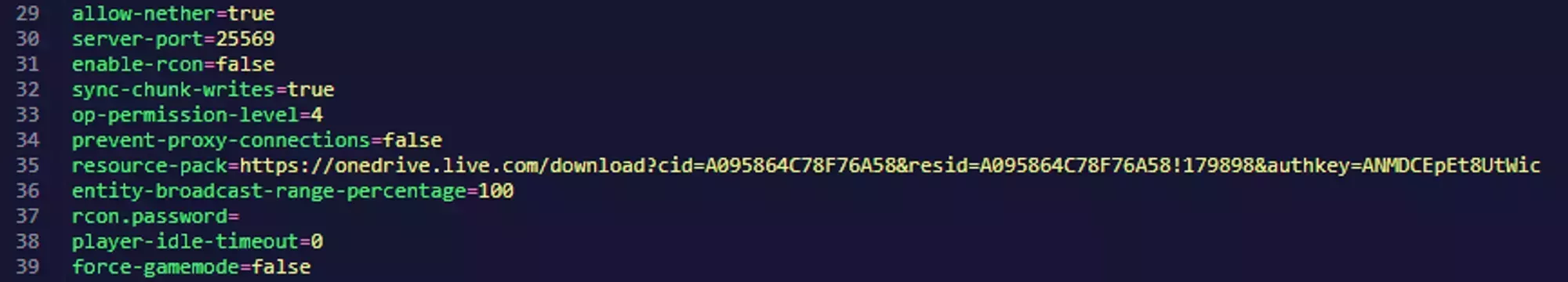 The resource-pack property in the server.properties file filled in with a OneDrive link