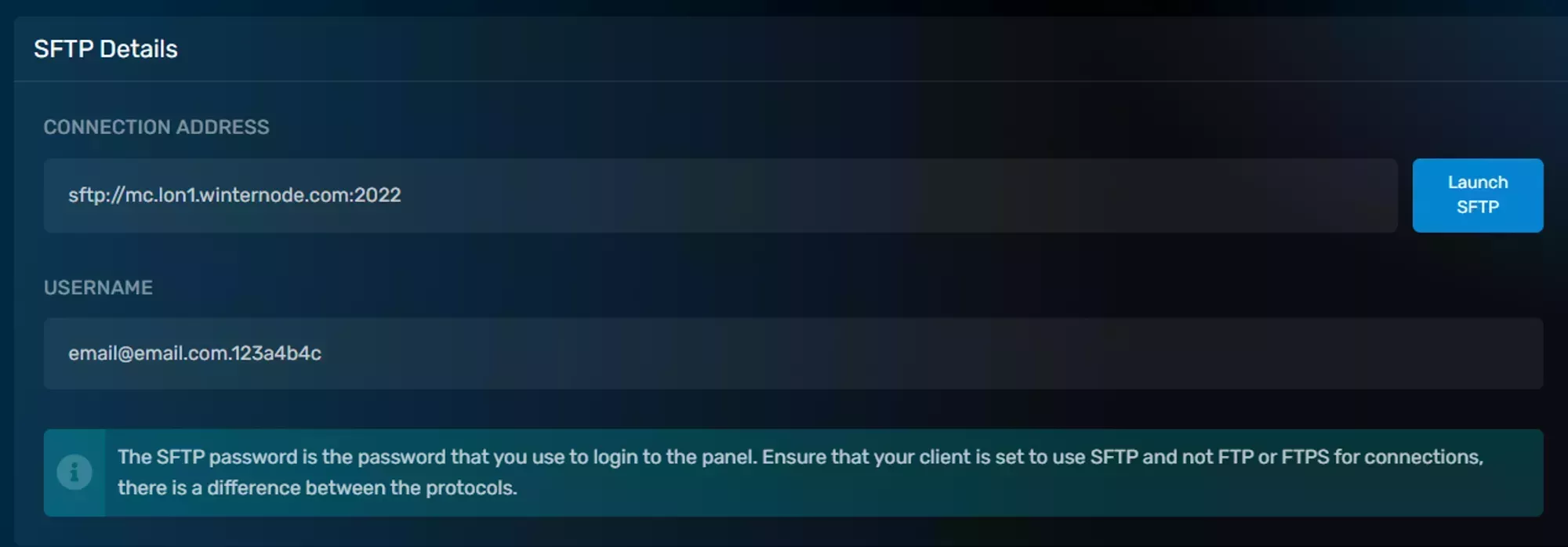The SFTP Credentials Pane showing the connection address and username in separate fields