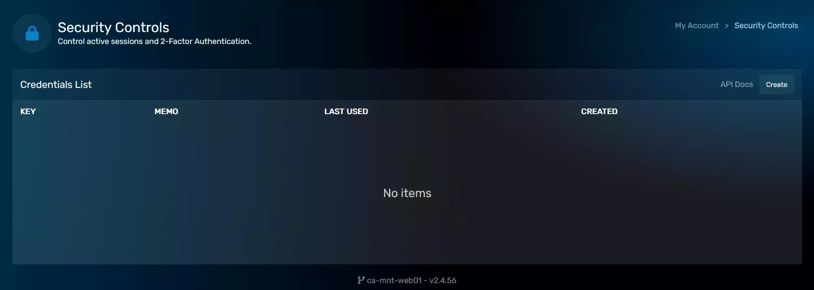 The Security Controls page with no entries and the Create button in the top right hand side next to the API Docs button