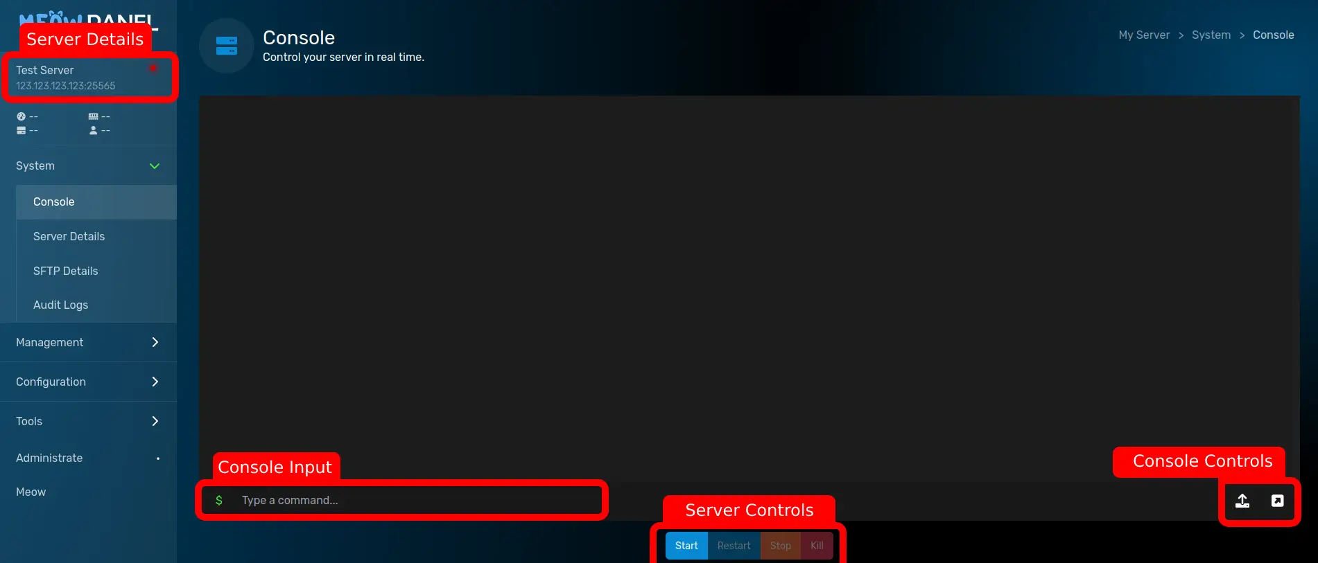 The GCP server console page with the &quot;Server Controls&quot; buttons located below the console window and centered.