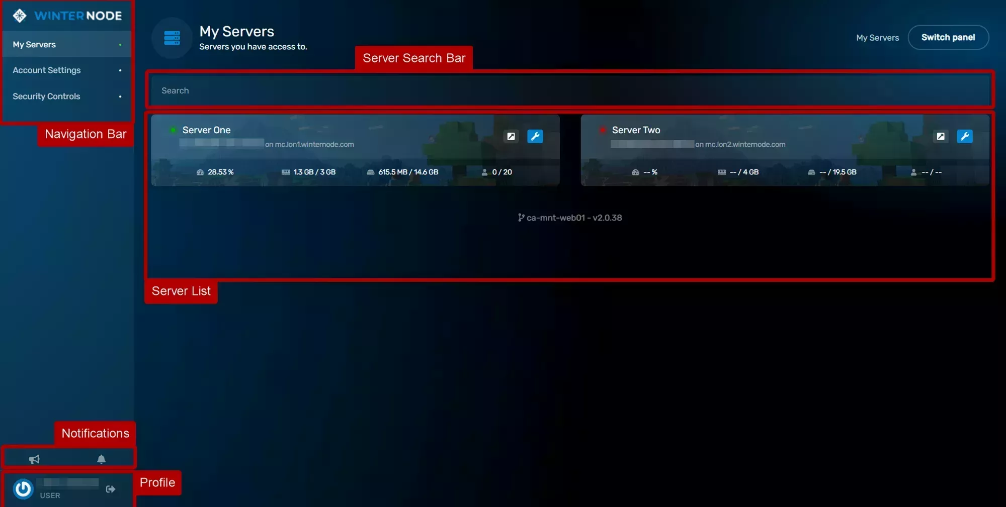 An overview of the Game Control Panel Server List, with the Navigation bar on the right, notifications in the bottom right, your profile options below that, the Server Search bar on the top center, and the server list itself on in the center of the page.