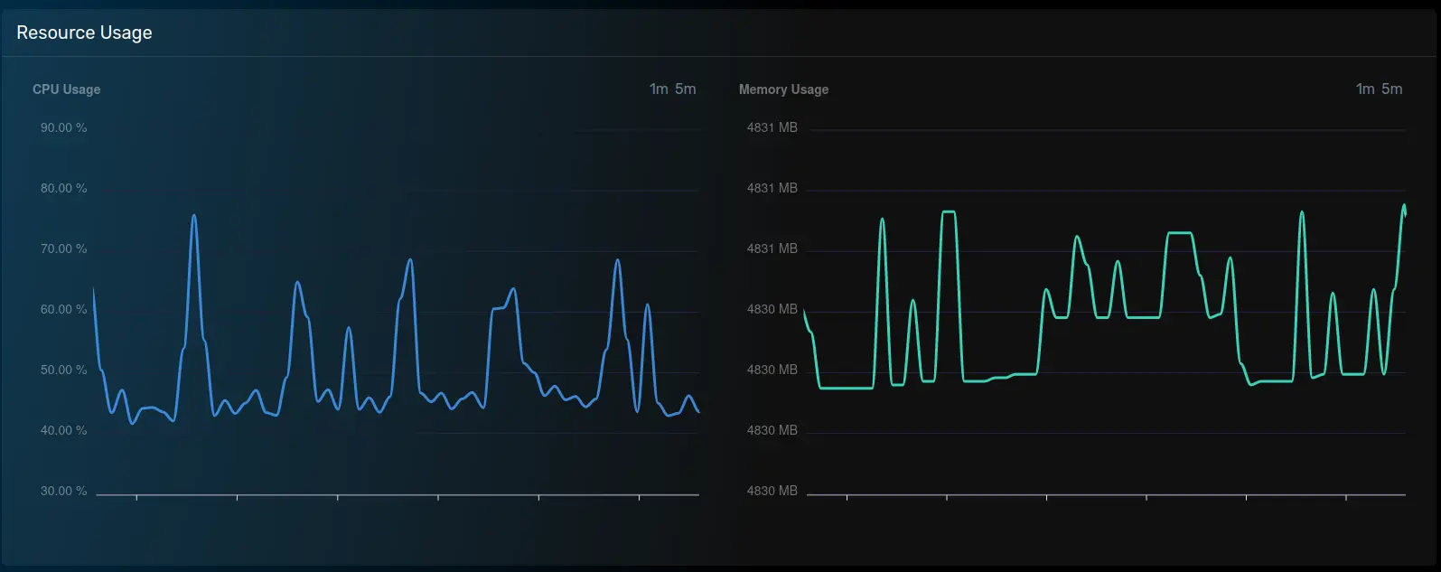 The GCP server graphs, showing the &quot;CPU Usage&quot; on the left graph and the &quot;Memory Usage&quot; on the right graph.