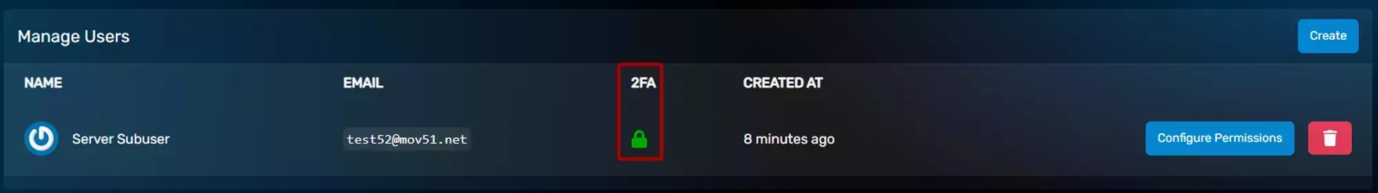 A Sub-user entry with 2FA enabled, displayed with a closed green padlock in the 3rd column