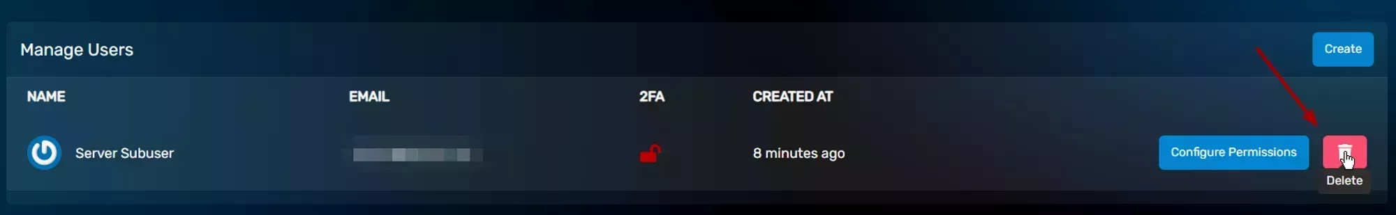 A sub-user entry with the delete button on the far right side highlighted