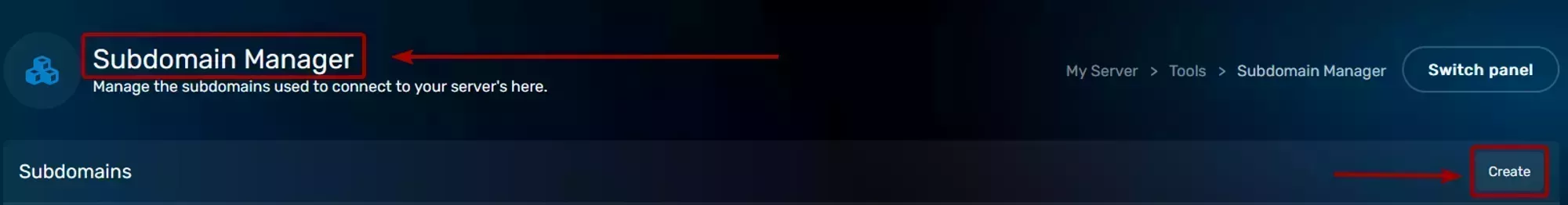 The Subdomain Manager create button, located on the top right of the Subdomain Manager page