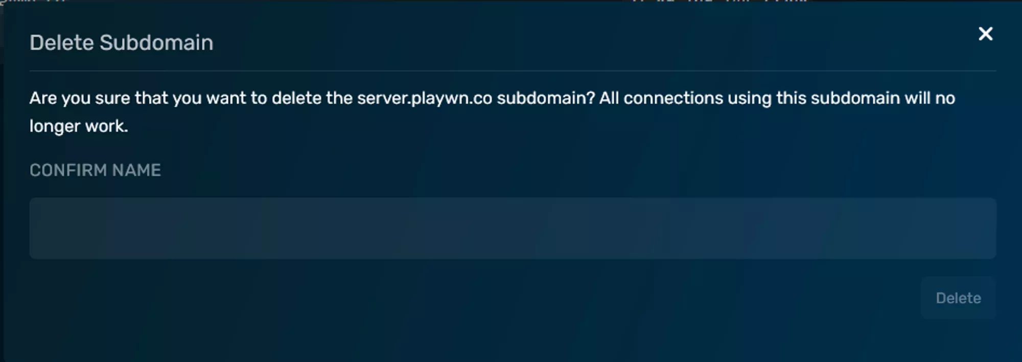 The Delete Subdomain confirmation pane, asking you to enter the name of the subdomain you&#39;re trying to delete