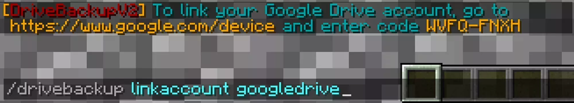 The DriveBackupV2 linkaccount command being run in Minecraft