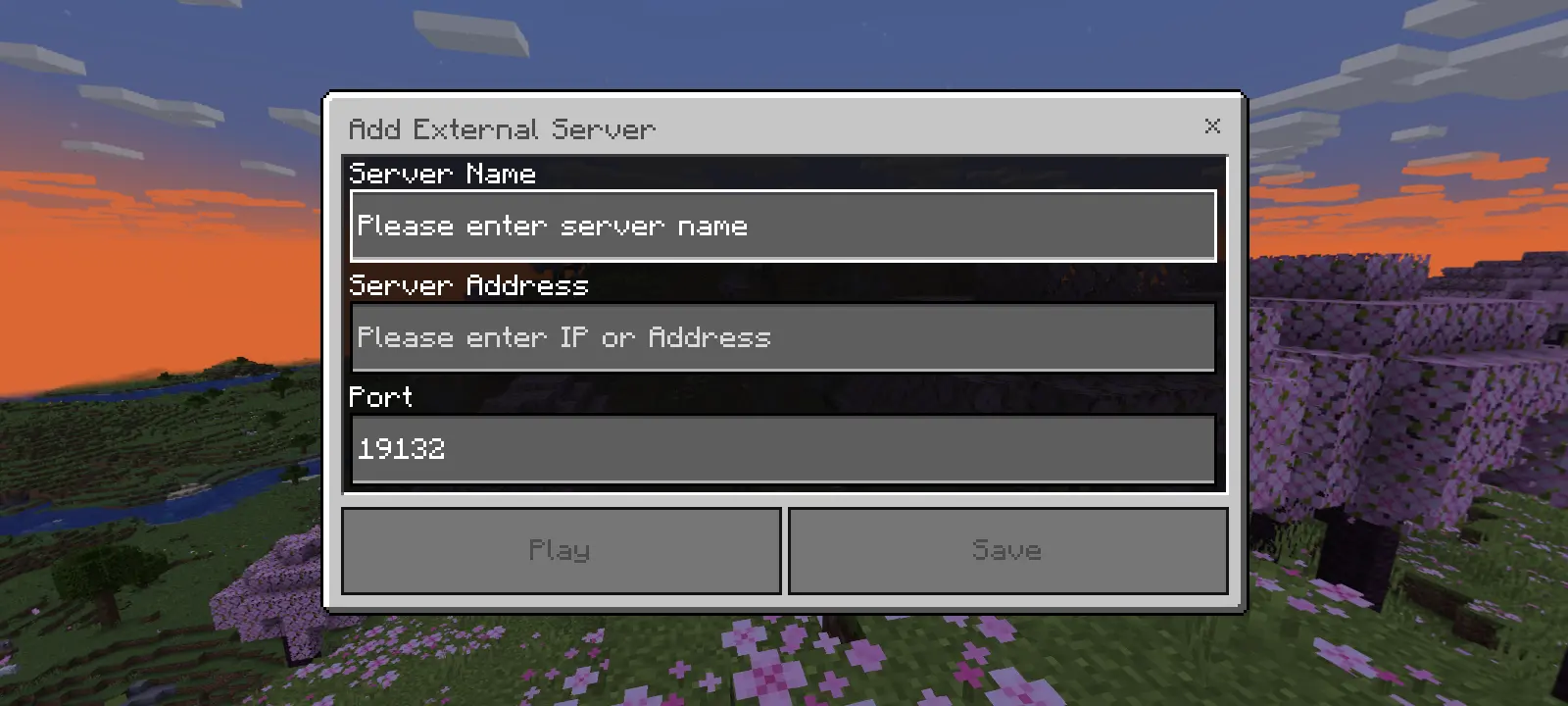 An &quot;Add External Server&quot; modal with 3 fields labeled top to bottom, &quot;Server Name, &quot;Server Address&quot;, and &quot;Port&quot;. The default value for &quot;Port&quot; is &quot;19132&quot;.