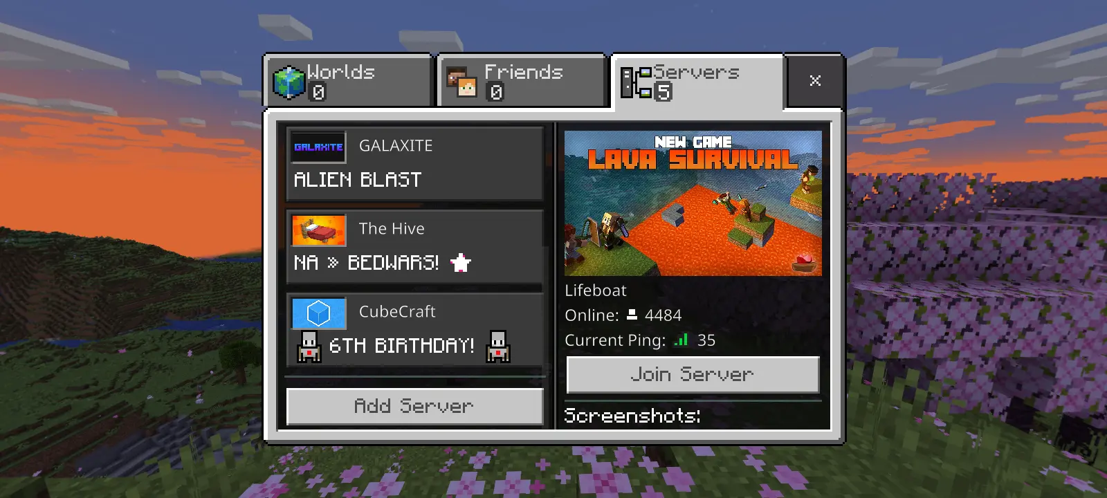 The &quot;Servers&quot; tab, on the &quot;Play&quot; screen, with the &quot;Add Server&quot; button on the bottom of the left side of the list of playable servers.