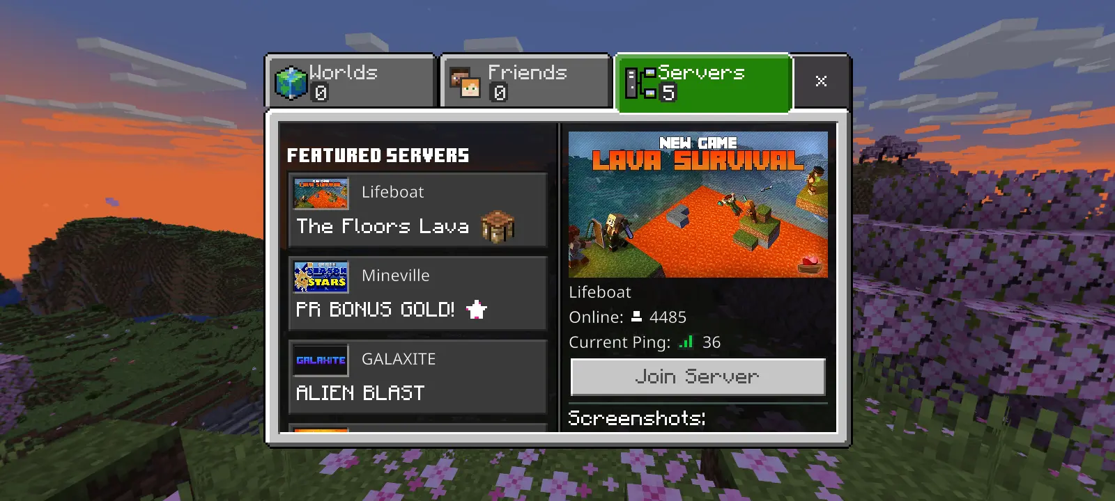 The &quot;Servers&quot; tab, shown to be located on the top far right side of the Minecraft &quot;Play&quot; screen.