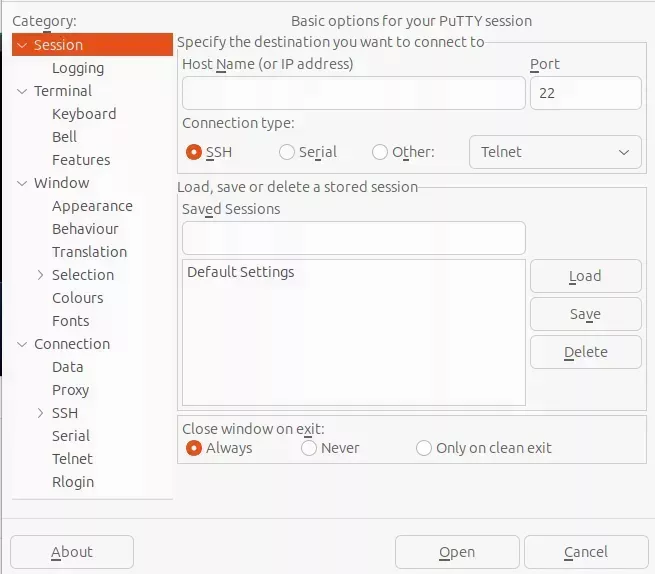 The Putty &quot;Session&quot; category, which opens by default when you launch putty. There&#39;s a list of &quot;Category&quot; items on the right and fields for the connection details on the left.