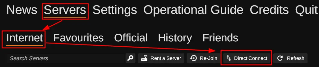 The SCP: Secret Laboratory &quot;Servers&quot; tab with the &quot;Internet&quot; sub-tab selected and an arrow pointing to the 2nd option from the left &quot;Direct Connect&quot;