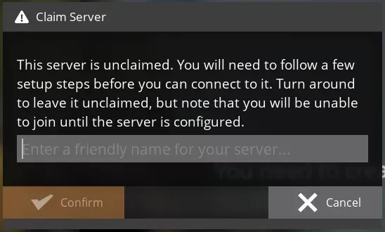 A &quot;Claim Server&quot; modal with a text field titled &quot;Enter a friendly name for your server...&quot;.
