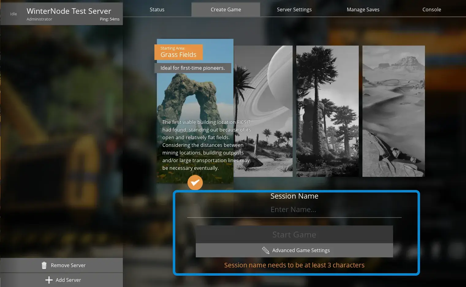 The Satisfactory Server Manager on the &quot;Create Game&quot; tab showing an option between 4 maps, a text field for the &quot;Session Name&quot;, and a button titled &quot;Advanced Game Settings&quot;.