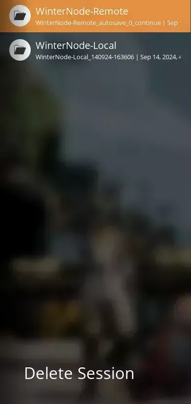 The Satisfactory &quot;Session&quot; list with the stored Sessions/Games at the top of the pane and a &quot;Delete Session&quot; button at the bottom.