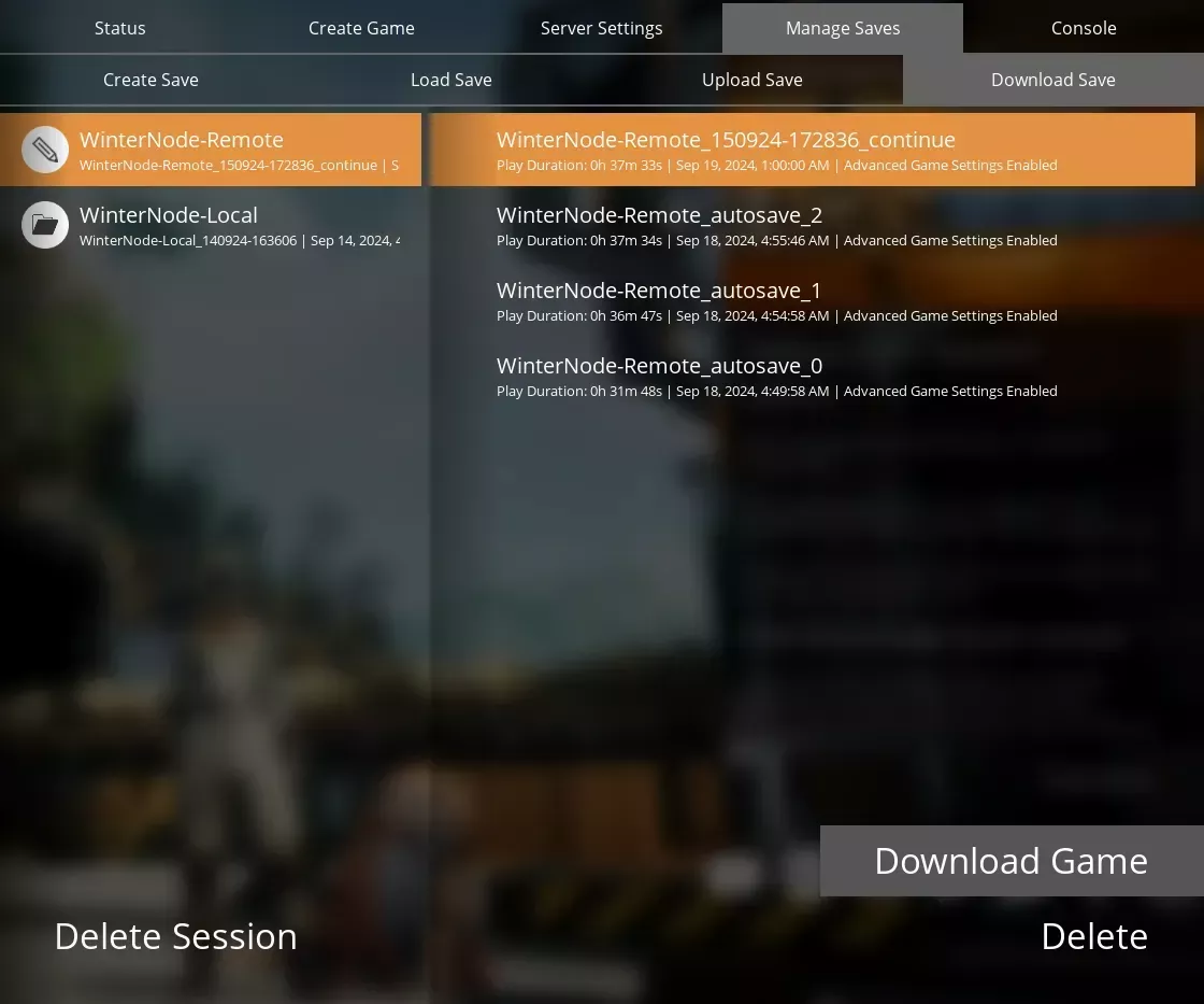 The Satisfactory Server Manager with the &quot;Manage Saves&quot; → &quot;Download Save&quot; with a list of the available Games/Sessions on the left and it&#39;s associated saves on the right.