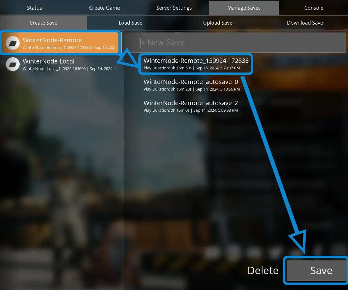 The Satisfactory Server Manager with the &quot;Manage Saves&quot; -&gt; &quot;Create Save&quot; tab selected, with the &quot;Sessions&quot; list on the left side of the Server Manager, the saves list on the right, and a &quot;Save&quot; button on the far bottom right.