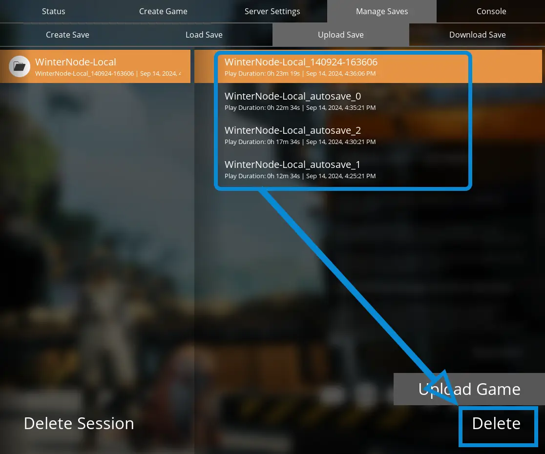 The Satisfactory &quot;Manage Saves&quot; -&gt; &quot;Upload Saves&quot; tab in the Server Manager with the Saves list on the right side and the &quot;Delete&quot; button in the bottom right corner under &quot;Upload Game&quot;.