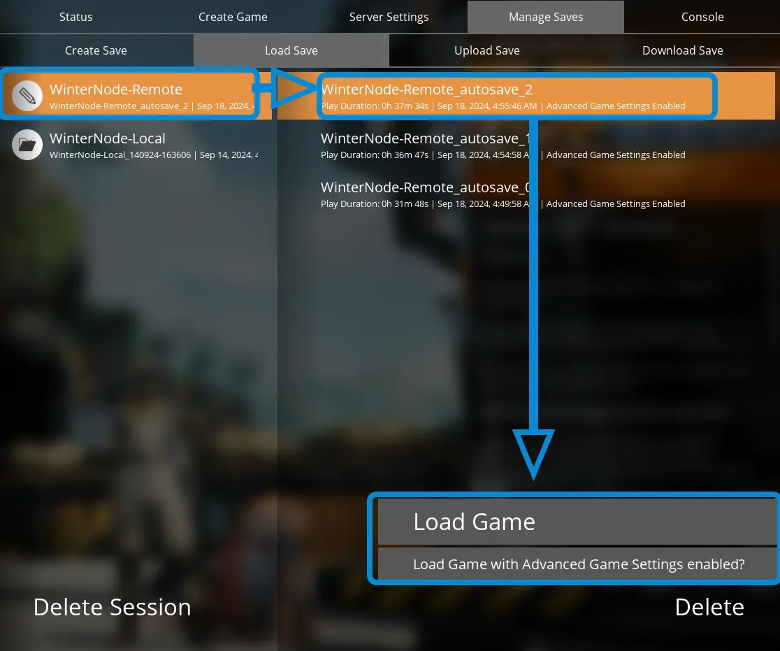 The Satisfactory Server Manager on the &quot;Manage Saves&quot; -&gt; &quot;Load Save&quot; tab, showing a list of Games/Sessions on the left, associated save states on the left, and a &quot;Load Game&quot;/&quot;Load Game with [,,,]&quot; button on the bottom right above a &quot;Delete&quot; button.