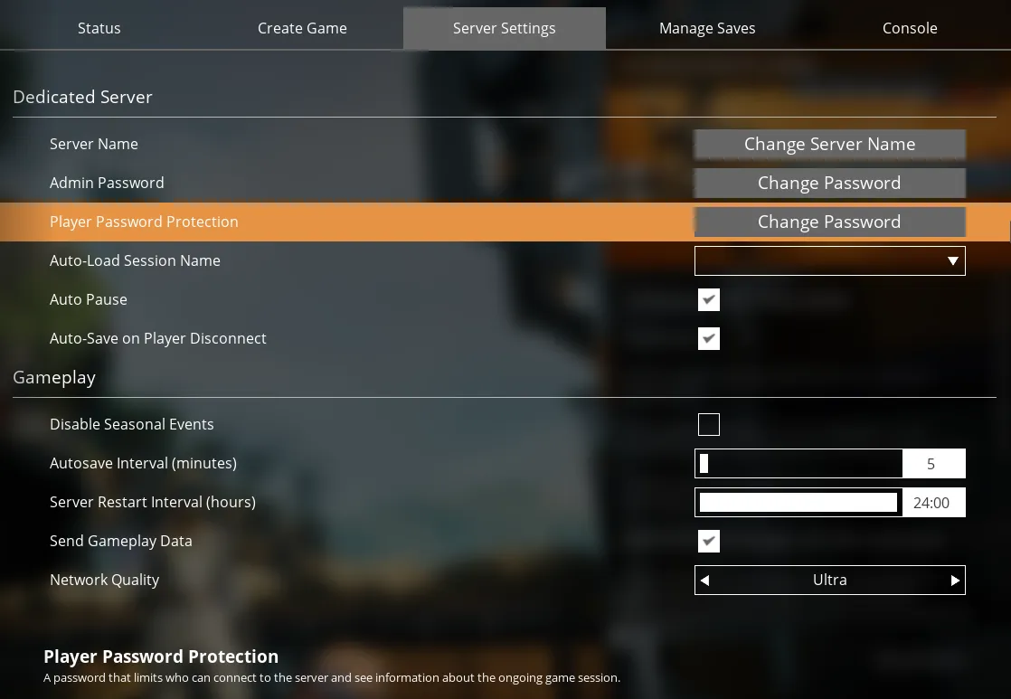 The Satisfactory Server Manager with the &quot;Server Settings&quot; tab selected, 3rd from the left, and the &quot;Player Password Protection&quot; option highlighted, 3rd from the top.