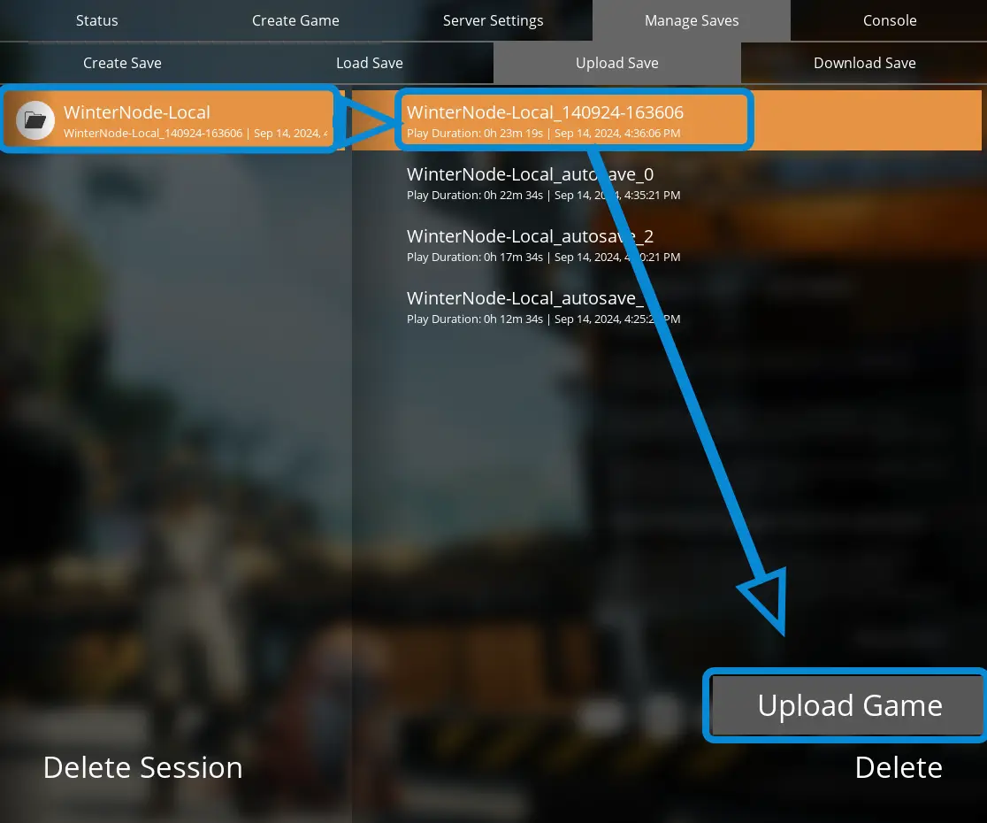 The Satisfactory Server Manager on the &quot;Manage Saves&quot; -&gt; &quot;Upload Save&quot; tab with a Session/Game list on the left, a list of associated save states on the right, and an &quot;Upload Game&quot; button on the bottom right.