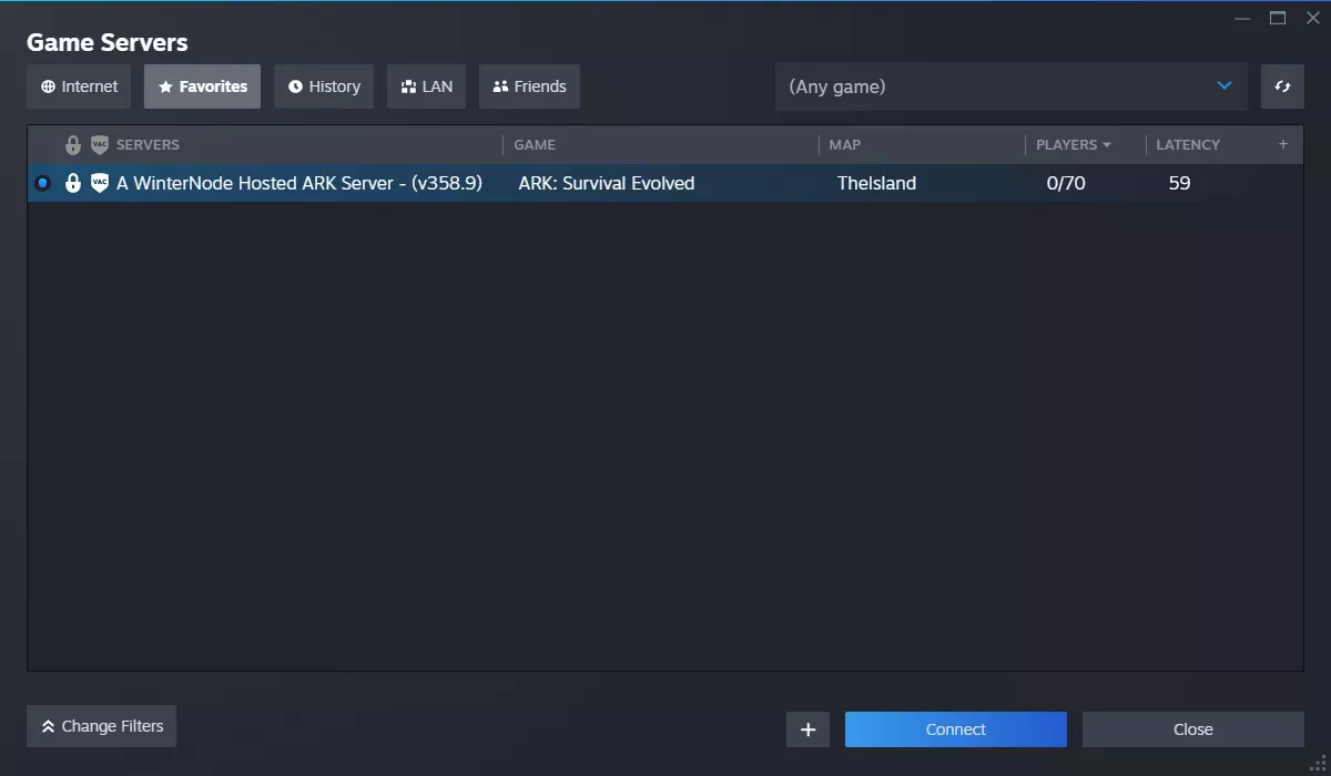 The steam Add Server window after adding a server