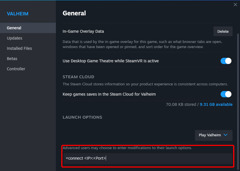 The steam properties window with the launch options field, located at the bottom of the window, populated with &quot;+connect IP&quot;