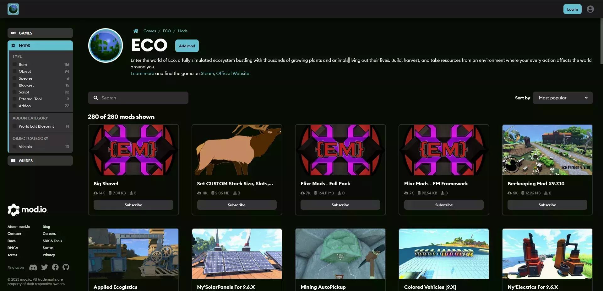 The list of Eco mods on Eco&#39;s mod.io page